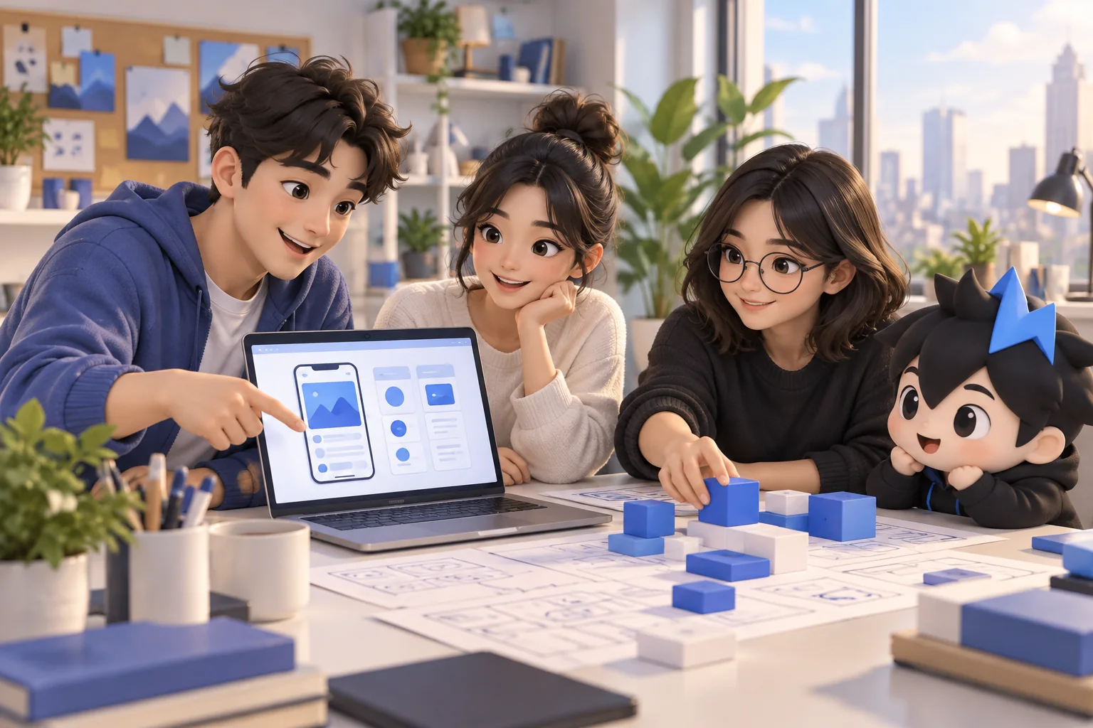Illustration of three people developing a project with the mascot