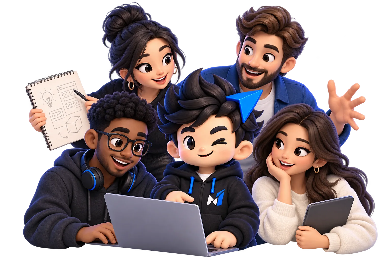 Illustration of the NextOne mascot and four creators from different fields working together